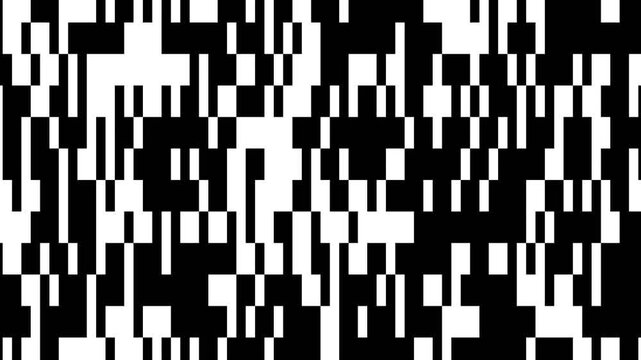 Binary data glitch pattern with shifting black and white rectangular pixel blocks for video transition luma matte background