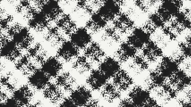 Halftone print texture with dithered bitmap pixels shifting across monochrome diamond grid overlay loop