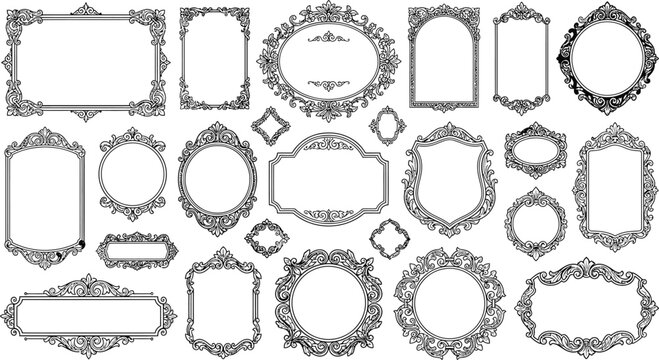 A collection of ornate, vintage-inspired decorative frames in various shapes and sizes, perfect for adding an elegant touch to any design.