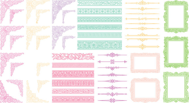 A collection of decorative graphic elements including ornate corner accents, patterned borders, elegant dividers, and vintage frames in pastel hues.