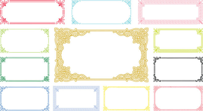 A collection of ornate, pastel-colored decorative frames with blank spaces for text, arranged in a grid for easy use.