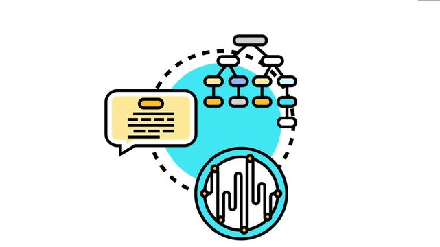 Linguistic command concept displaying a speech bubble, a hierarchical data structure, and a waveform representing processing and understanding of spoken language