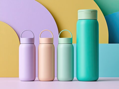 Four colorful, minimalist beverage bottles of varying sizes arranged on a soft surface