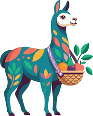 Fototapeta premium Cute blue llama animal character carrying a woven basket full of fresh colorful fruits and green leaves