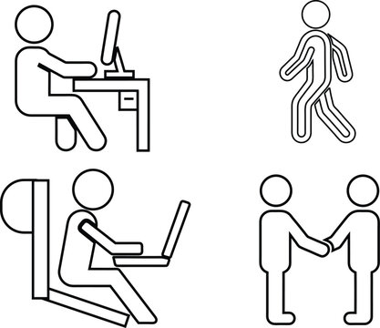 Minimalist Line Art Vector Illustration Set of Stick Figures Working on Computer Walking Laptop Usage and Handshake Isolated on White Background