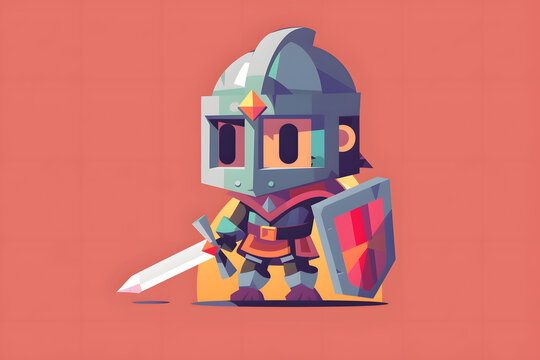Chibi knight character wearing silver armor holding a sword and shield in geometric cartoon style