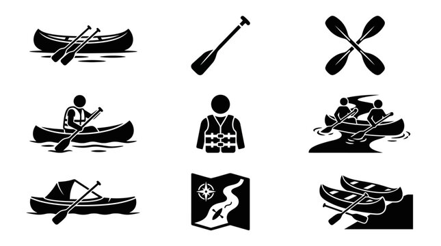 Kayak boat and paddles icons.