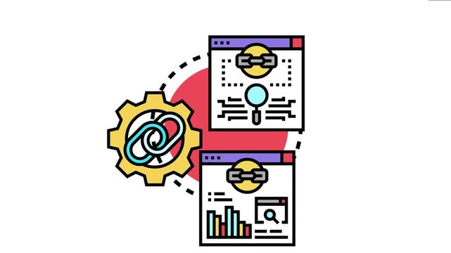 Digital screens connect with a gear containing chain links, the continuous process of building backlinks for optimizing website visibility and improving search engine placement