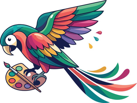 Colorful parrot flying and holding an artist paint palette with a brush in a fun cartoon style illustration