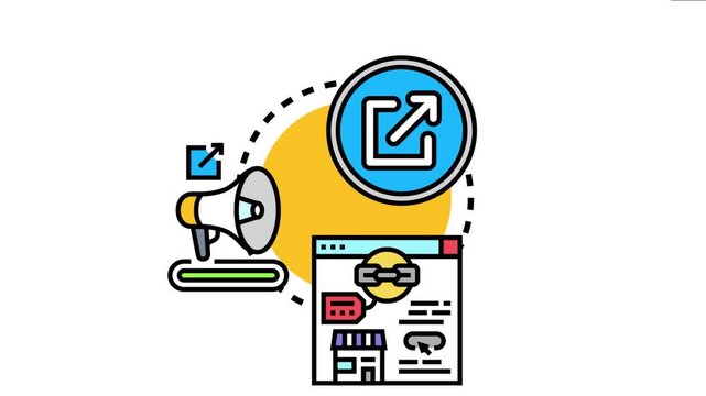 Digital marketing concept visualizing an external link icon. A megaphone announcing. And a web browser with a chain link symbol. Depicting strategies for enhancing website visibility and content reach