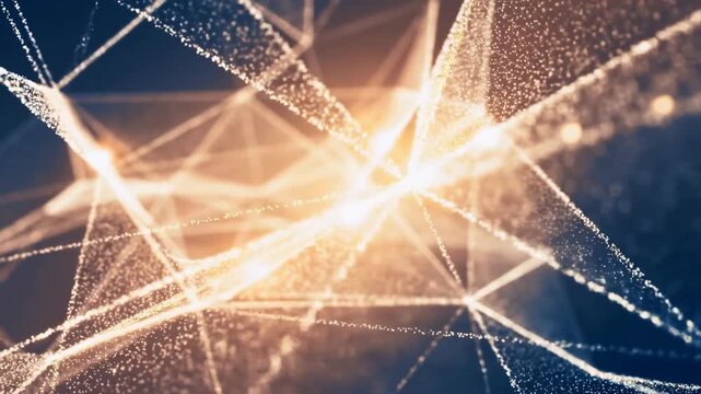 Glowing particles and connected lines form a digital network in a dark blue abstract field. Technology presentations, data visualization projects, and cybersecurity media.