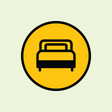 Simple bed icon in a yellow circle, ideal for hotel, accommodation, resort, motel, bedroom, furniture, and travel web interface design.