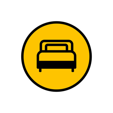 Simple bed icon in a yellow circle, ideal for hotel, accommodation, resort, motel, bedroom, furniture, and travel web interface design.