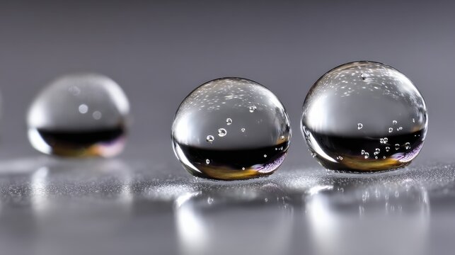 Close-up of three transparent water droplets with air bubbles on a smooth reflective surface, showcasing detailed textures and light reflections.