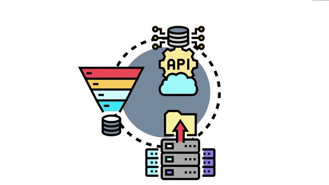 Information processing workflow showing data collection, structuring, api integration, and cloud storage for business intelligence and analytics generation