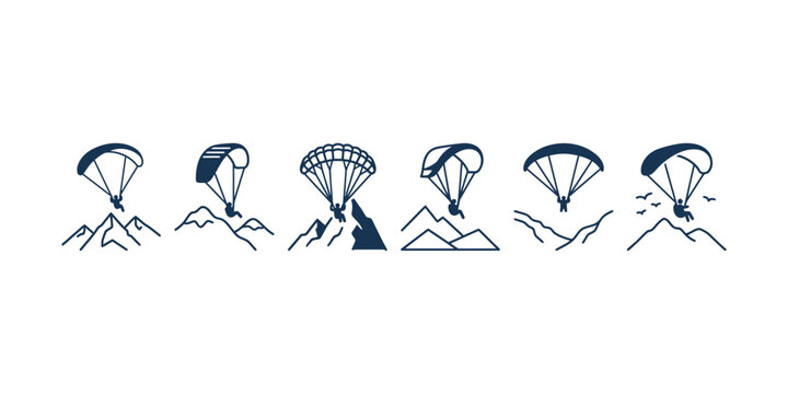 Set of paragliding icons featuring people flying with parachutes over mountains.