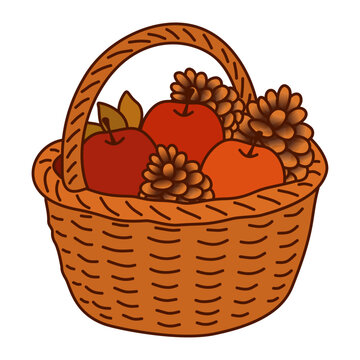 Autumn Harvest Basket Hand Drawn Illustration with Apples and Pine Cones for Fall Thanksgiving Seasonal Decor