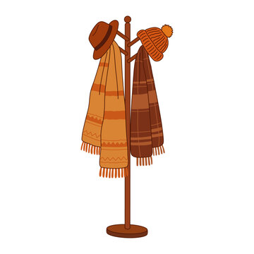 Autumn Coat Rack Hand Drawn Illustration with Scarves and Hats for Cozy Fall Fashion and Seasonal Home Decor