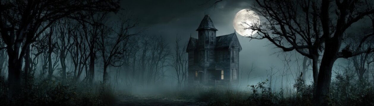 A spooky, abandoned house stands in a foggy, moonlit forest clearing surrounded by bare trees under a dark, eerie sky.