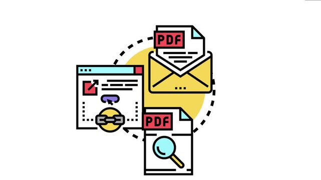 Email envelope linking a pdf file to a web browser interface, symbolizing electronic document sharing, online communication, and digital data management