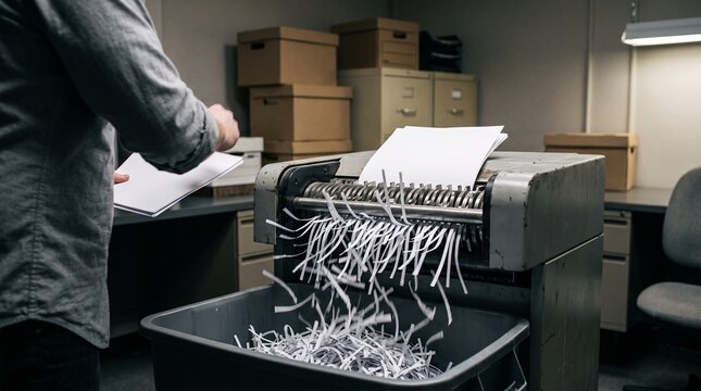 Heavy industrial paper shredder machine destroying confidential office documents, symbolizing data privacy destruction, document disposal, security compliance, and information protection