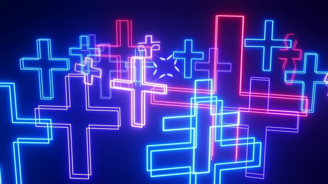 Neon cross symbols drift and overlap in a dark abstract digital space. Church media, worship presentations, and religious event promotion.