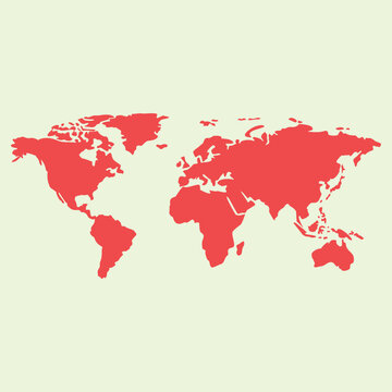 Simple red world map silhouette vector illustration representing global continents and geography, ideal for travel, educational, and business design templates