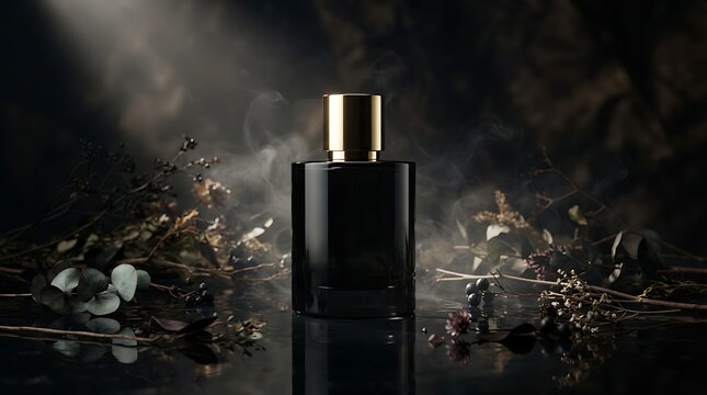 Dark luxury perfume bottle with gold cap and smoke