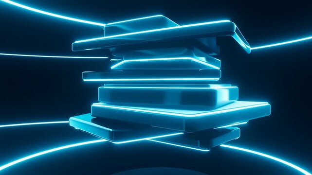 Glowing geometric blocks rotate and float in a dark digital space. Technology presentations, software branding, and digital transformation campaigns.