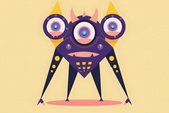 Quirky purple alien monster with three big eyes and horns standing on a plain surface