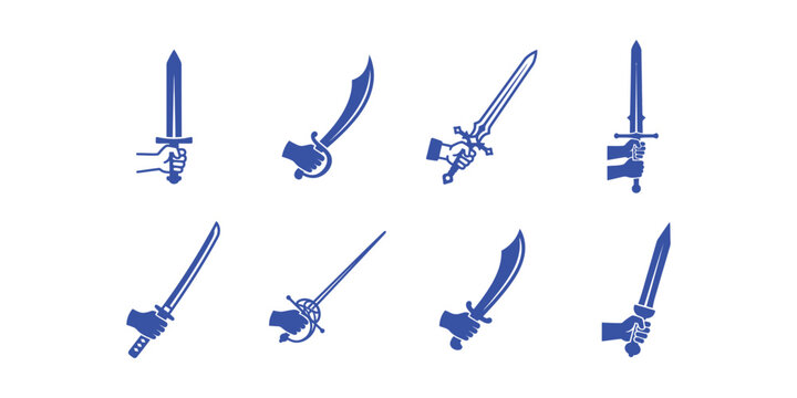 Set of Various Medieval Sword Icons Held by Hands.