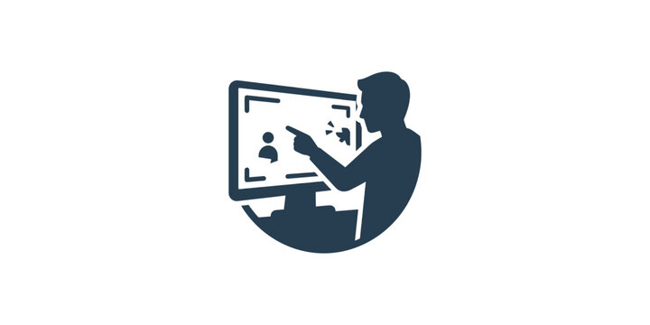 Silhouette icon of a person working on a computer screen.