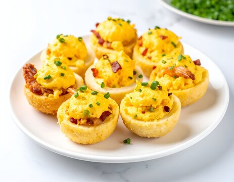Gourmet deviled eggs with bacon and chives on a white plate