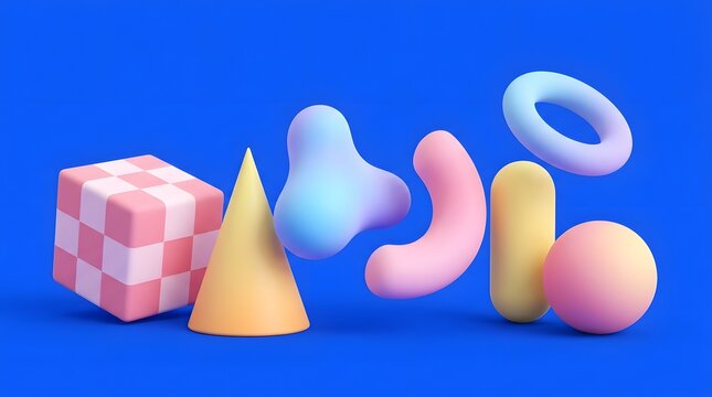 Colorful geometric 3d shapes on a vibrant blue background, creative abstract composition design.