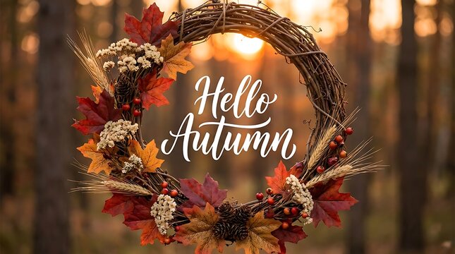 Autumn wreath with hello autumn text against a blurred forest background