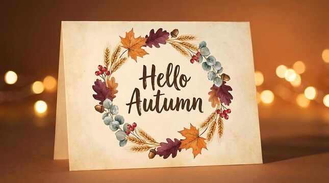 Greeting card with hello autumn text and fall wreath