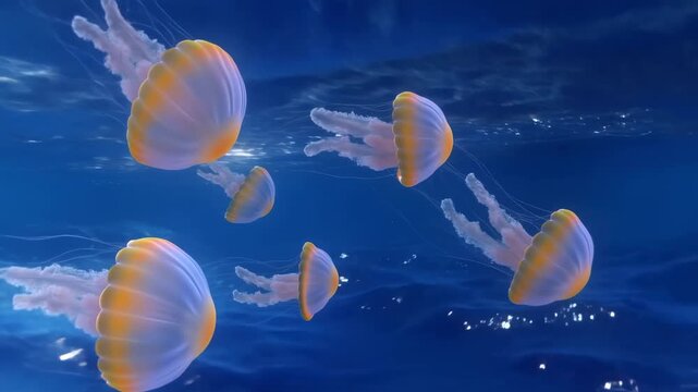 Underwater jellyfish pulse and drift through deep blue ocean water. Marine biology education, ocean conservation campaigns, and aquarium programming.