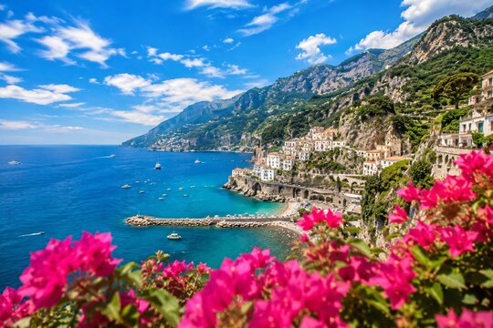 Vibrant pink flowers frame the picturesque Italian coastal village of Conca dei Marini overlooking sparkling blue Mediterranean sea water landscape