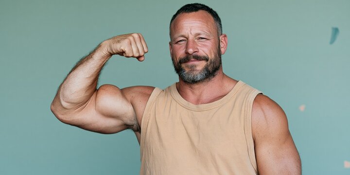 Mature muscular man flexing bicep in sleeveless beige top for fitness lifestyle banner and strength campaign