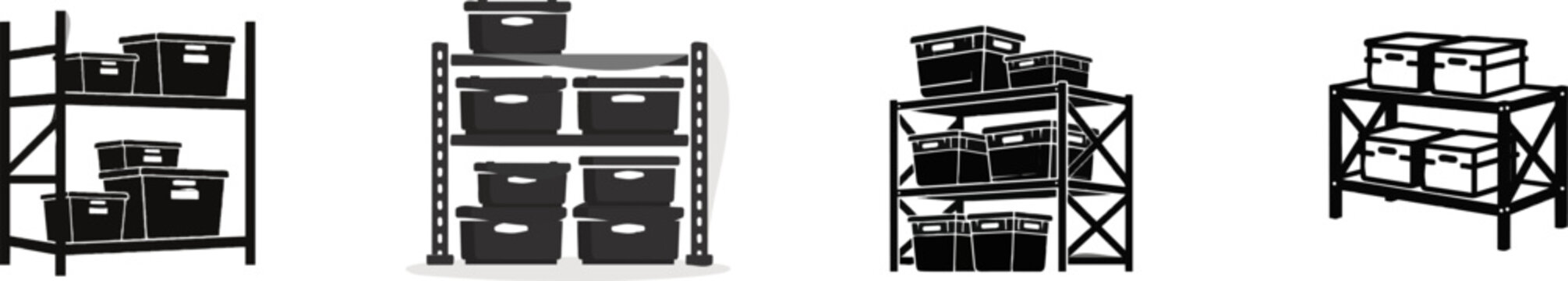 A black and white flat vector icon depicts a heavy-duty garage shelving unit loaded with plastic storage totes on a clean white background