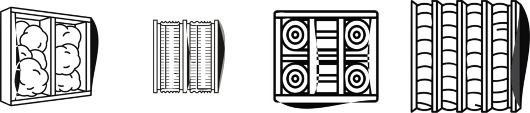 A black and white flat vector icon depicts wall insulation installation with fiberglass roll batts neatly placed inside stud framing, showcasing clean line art against a pure white background