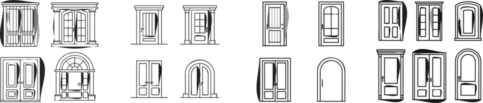 A set of four black and white flat vector icons showcases various front door designs: a wooden panel, glass inlay, double doors with arched top, and intricate line art against a pure white background