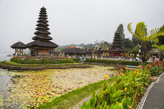 Iconic Tiered Meru Towers of Pura Ulun Danu Beratan Water Temple Across Lake Beratan in Bali Indonesia