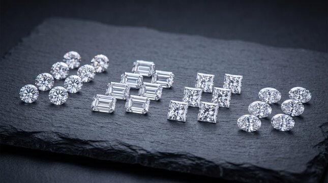 Premium loose diamonds in round, emerald, princess, and oval cuts displayed on dark slate stone representing luxury jewelry and high clarity gems.