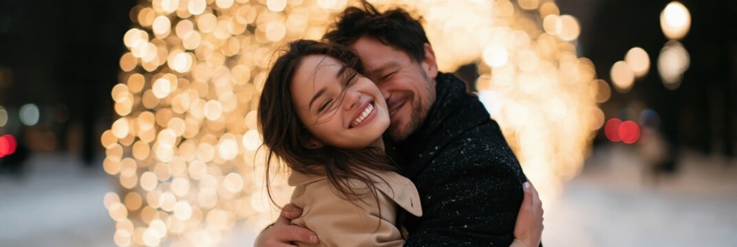 Couple hugging tightly with glowing holiday lights in snowy street for winter background and seasonal banner design