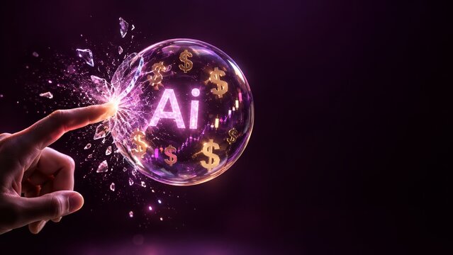Ai bubble collapse as human finger bursts a glowing financial sphere with dollar signs and market chart, symbolizing AI boom investment risk, overvaluation, tech selloff and market correction fears