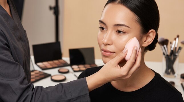 Professional makeup artist applying loose powder with big brush on glamour model face highlighting cosmetic studio lighting and beauty routine.