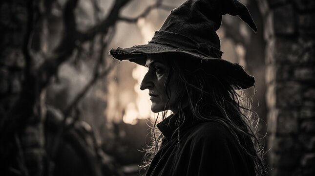A mysterious witch wearing a pointed hat standing in a dark forest setting.