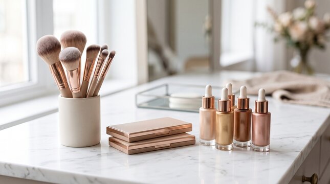 Elegant vanity table setup with makeup brushes, liquid foundation droppers, and compact palettes depicting modern luxury cosmetics layout.