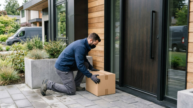 Delivery person wearing mask places package on doorstep of modern home